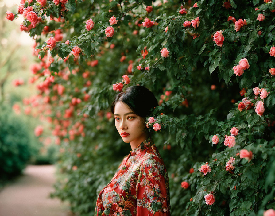 Woman in Floral Dress Poses Near Lush Rose Bush