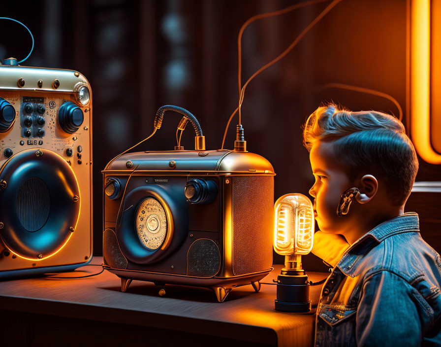 Child in denim jacket with hearing aid beside vintage radio and speaker under warm lamp glow.