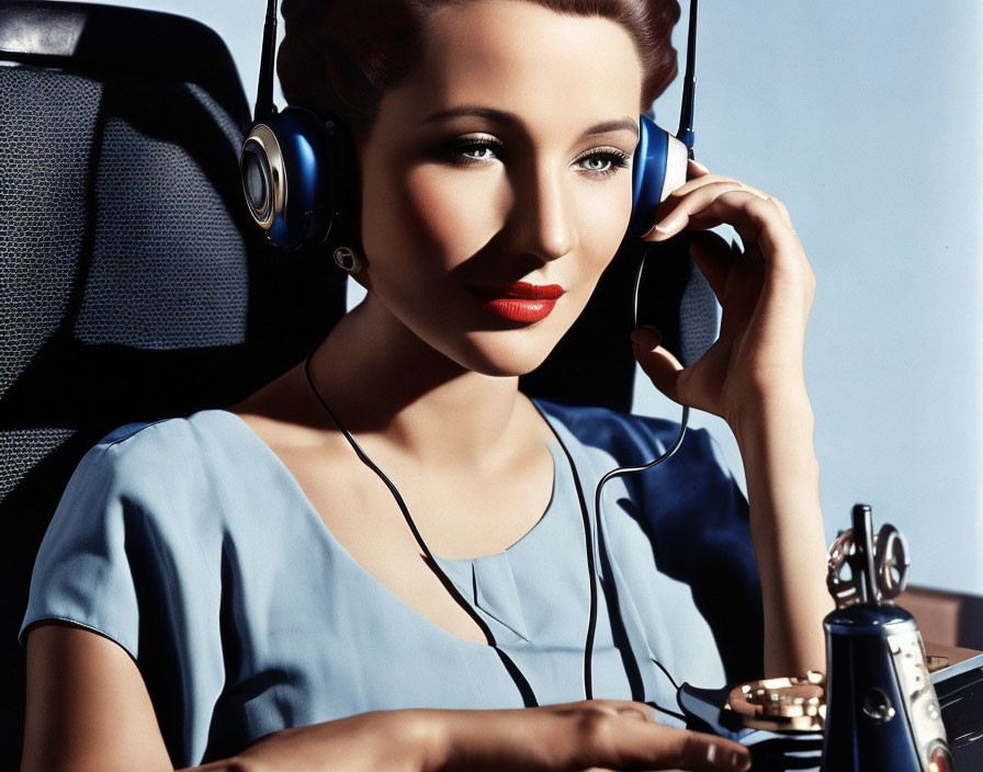 Woman in Blue Headsets Listening Intently at Microphone