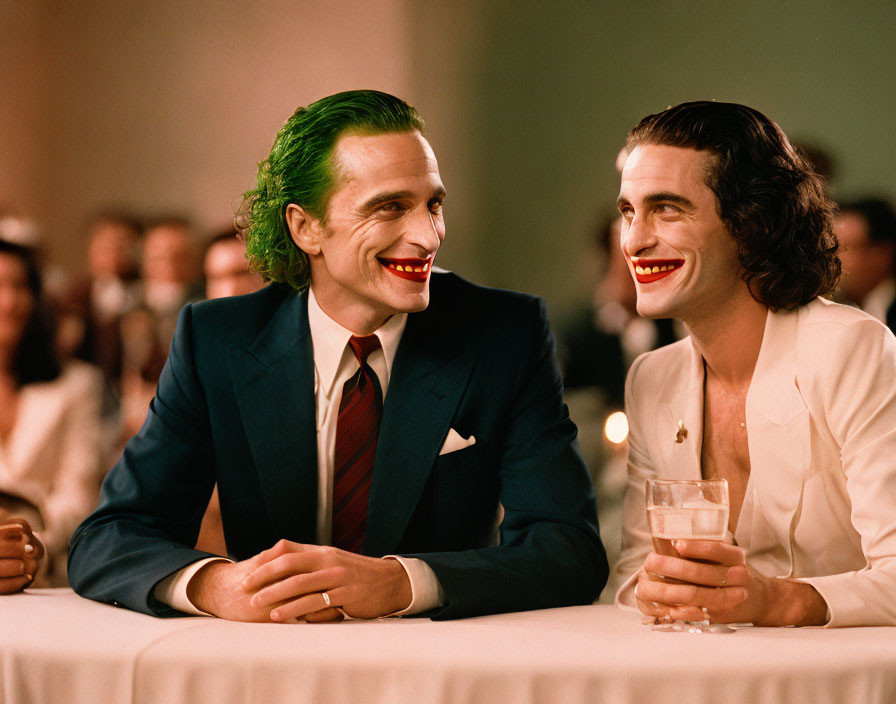 Two individuals in matching Joker makeup and outfits smiling with exaggerated red grins at an event