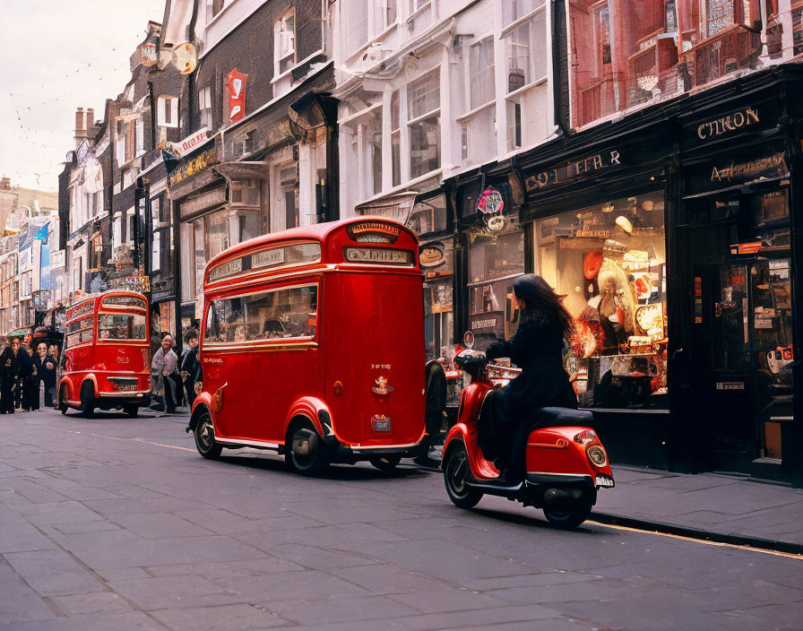 Vintage red buses, scooter rider, quaint storefronts on a bustling city street