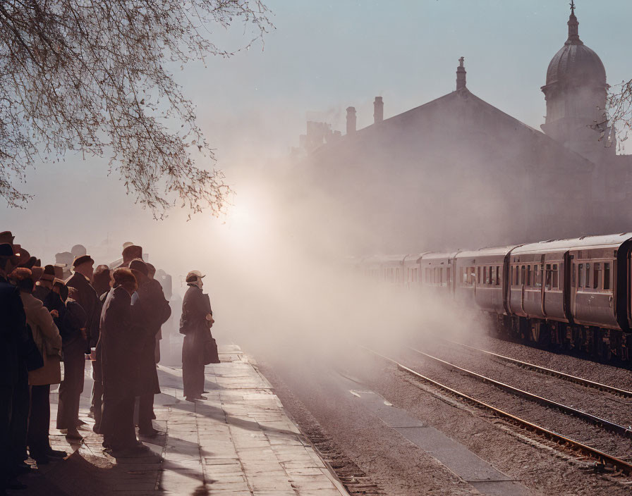 Passengers on misty train platform with sunlight and historic buildings.