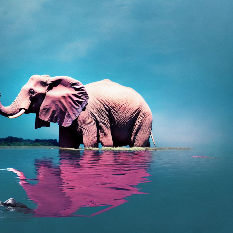 Elephant standing in water with reflection under blue sky