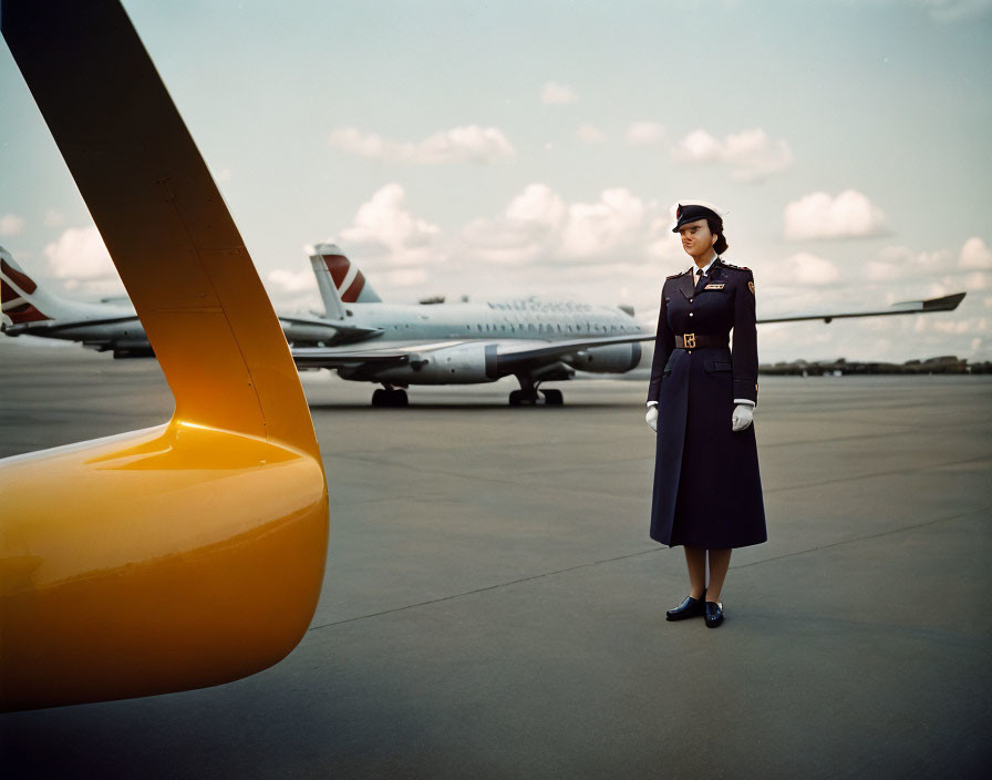 Flight attendant in uniform on tarmac with airplanes and propeller.