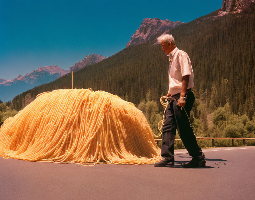 Elderly man walking near coiled orange rope with mountains in background