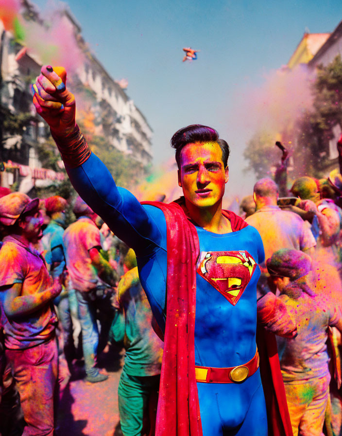 Superman relaxing at a Holi festival 
