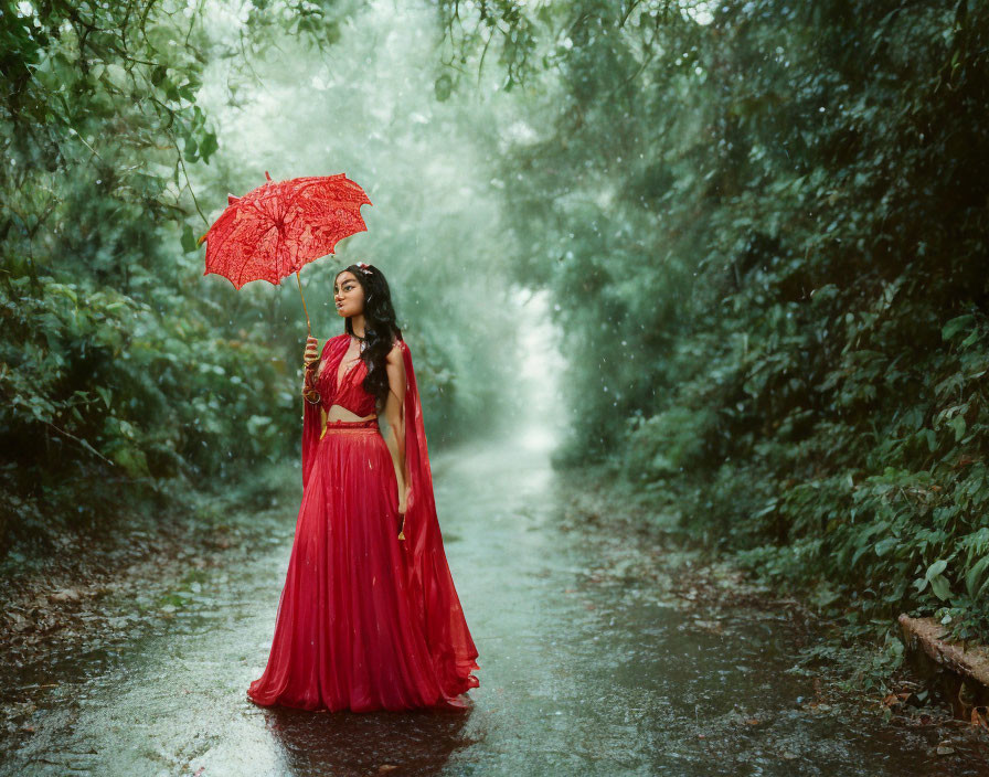 Woman in red dress with red umbrella on misty forest path