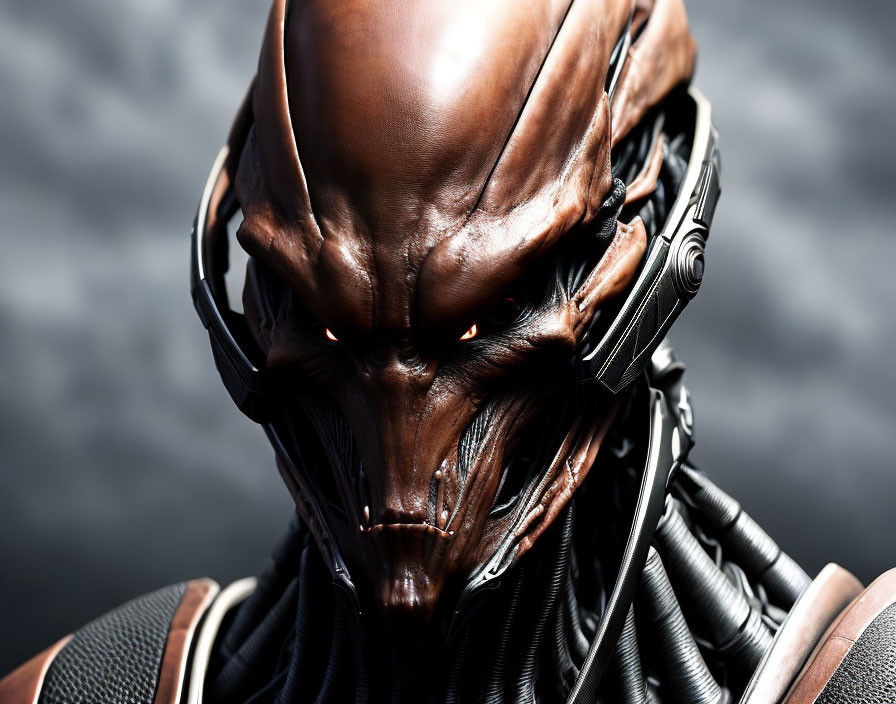 Detailed alien character with shiny brown head and red eyes in black suit