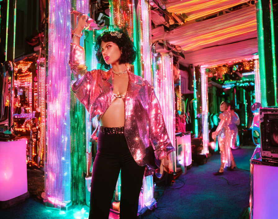 Woman in Sparkly Jacket Poses Amid Neon Lights and Arcade Machines
