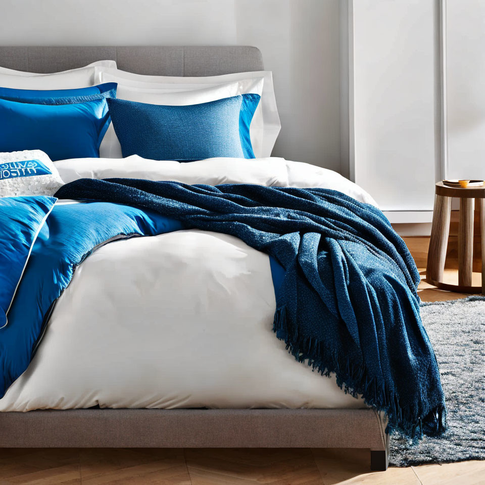 Neatly made modern bedroom with white and blue bedding, throw blanket, pillows, wooden stool,