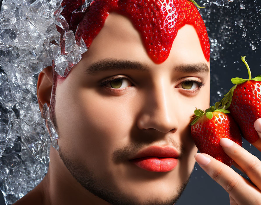 Person with Strawberry-Themed Makeup and Fresh Strawberries on Ice Cubes