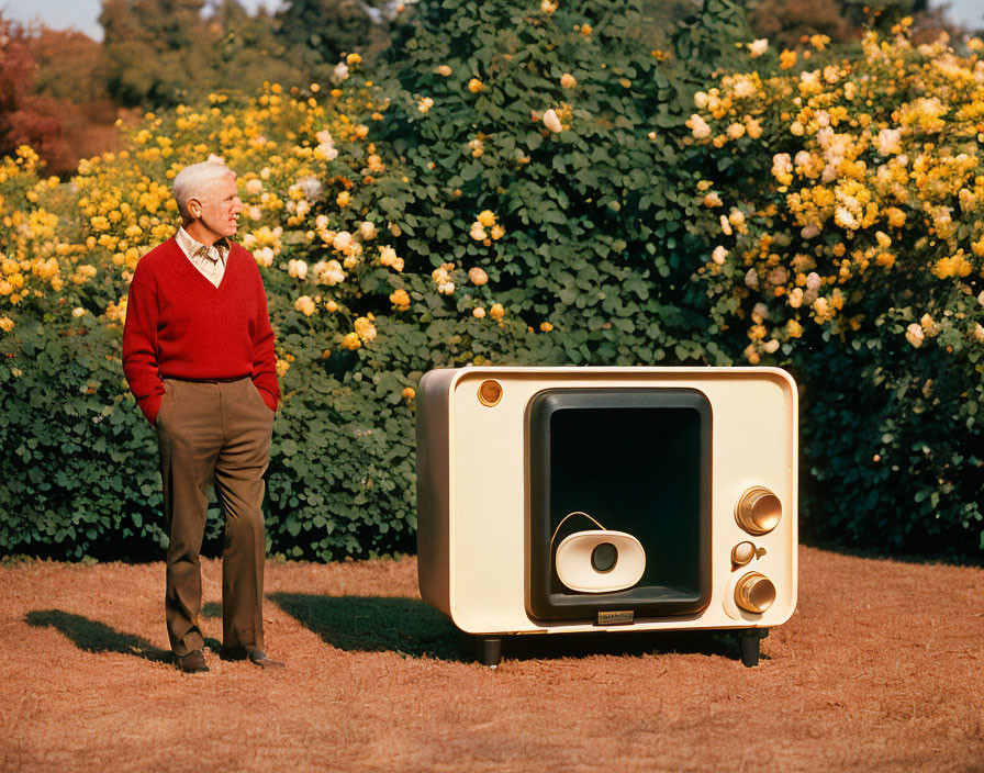 Elderly man in red sweater with vintage TV in garden with yellow roses