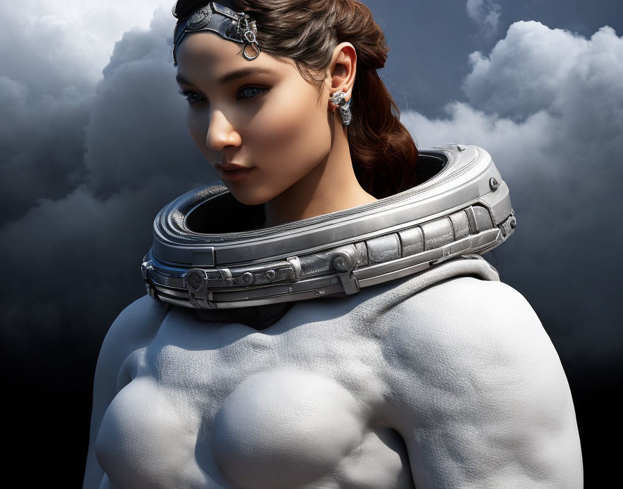 Digital artwork: Woman with sci-fi collar, intricate hair, jewelry, against cloud backdrop