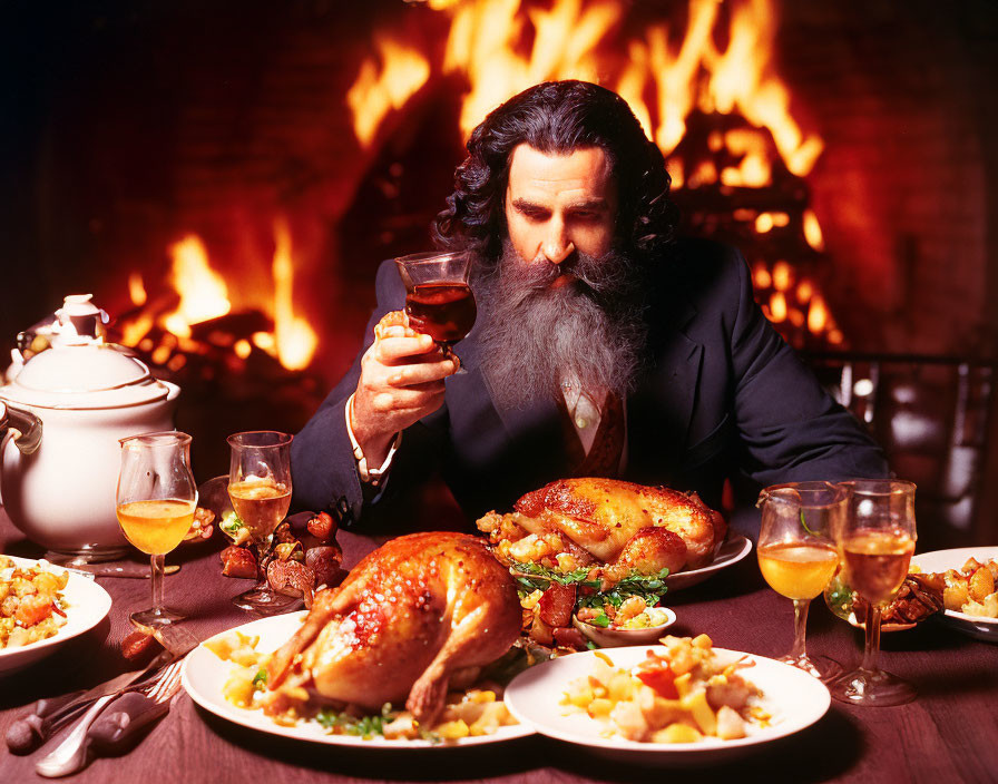 Man with Long Beard Enjoying Wine at Sumptuous Feast by Cozy Fireplace