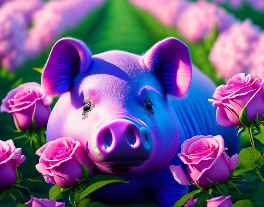 Colorful pink pig with roses and hedges background