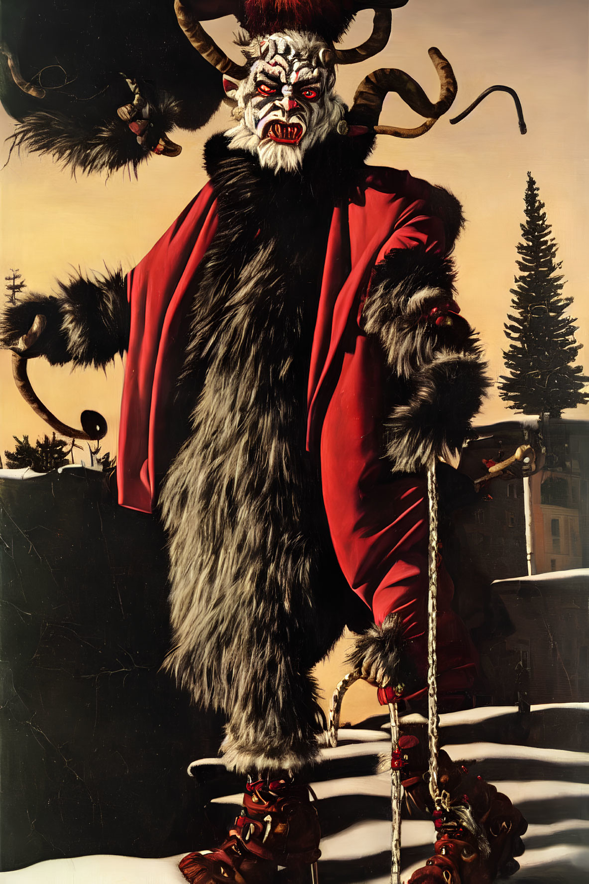 Sinister figure in red and black costume with horned mask and staff on snowy ground