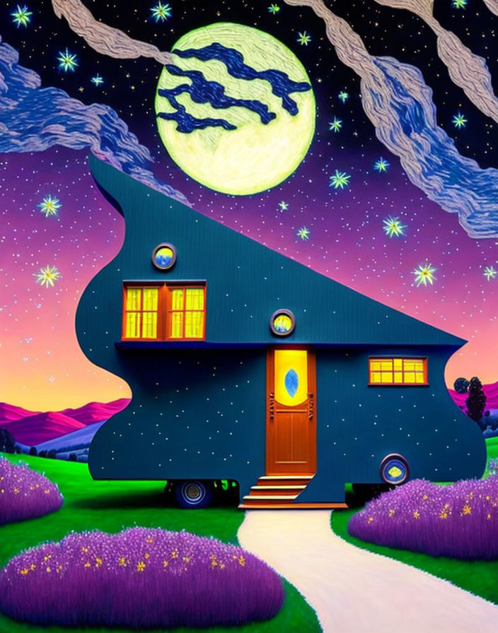 Illustration of starry night with full moon over arrow-shaped house surrounded by purple flowers and rolling hills