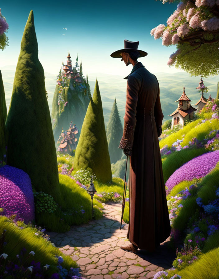 Person in hat and coat gazes at fantasy landscape with vibrant flowers and distant castles.
