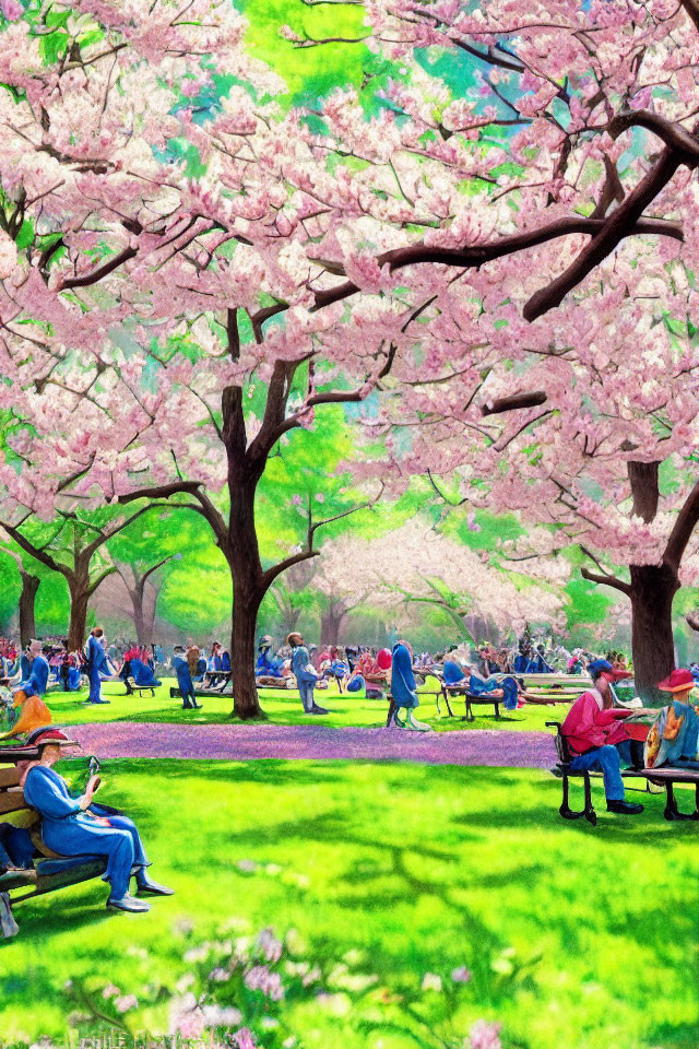 Tranquil park scene with people under pink cherry blossom trees