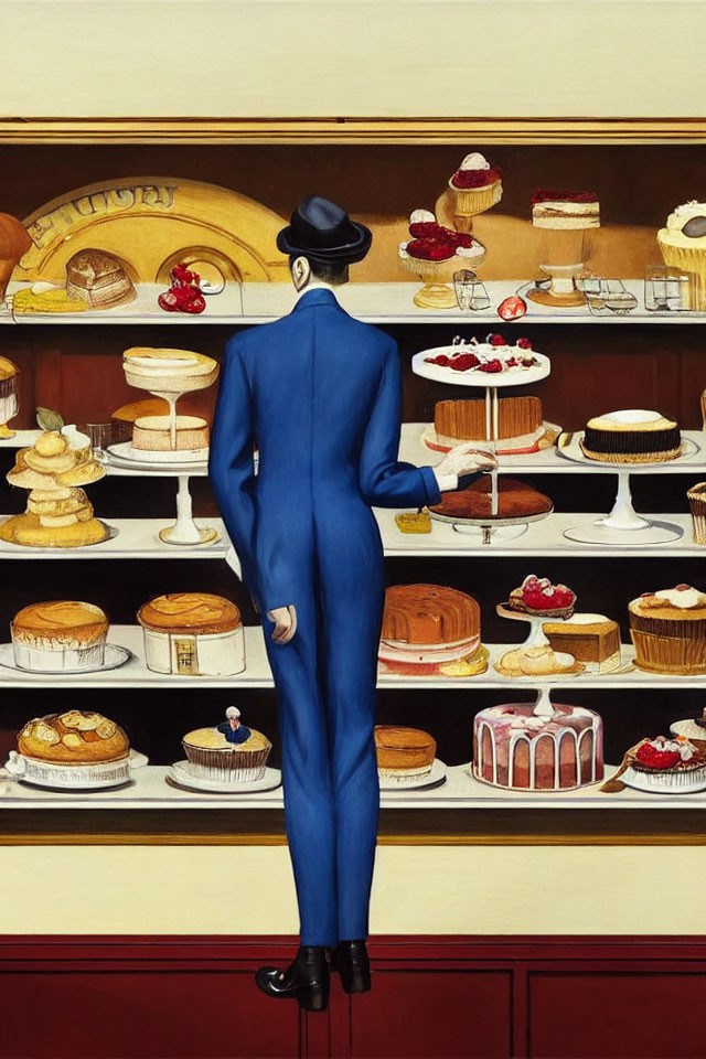Person in Blue Suit Admiring Display of Pastries and Cakes