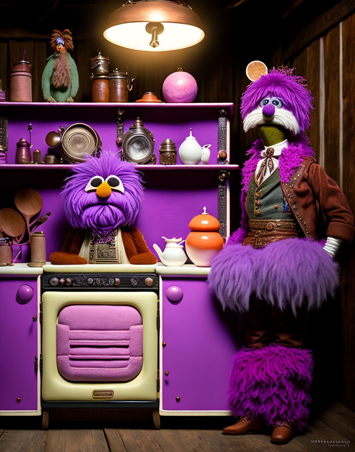 Two purple Muppet characters in vintage kitchen setting