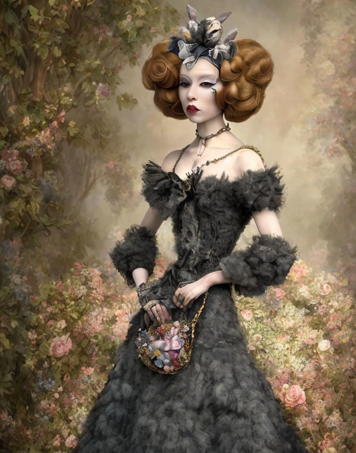Vintage black dress woman with basket against floral backdrop