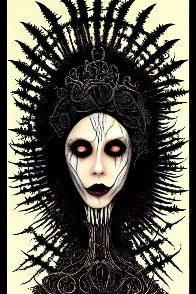 Gothic figure with pale face, red eyes, black lipstick, and spiky headdress