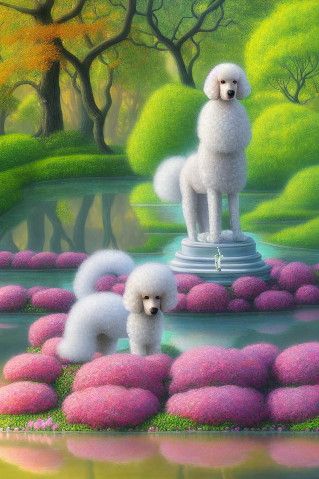 Fluffy poodles in surreal green landscape with pink bushes