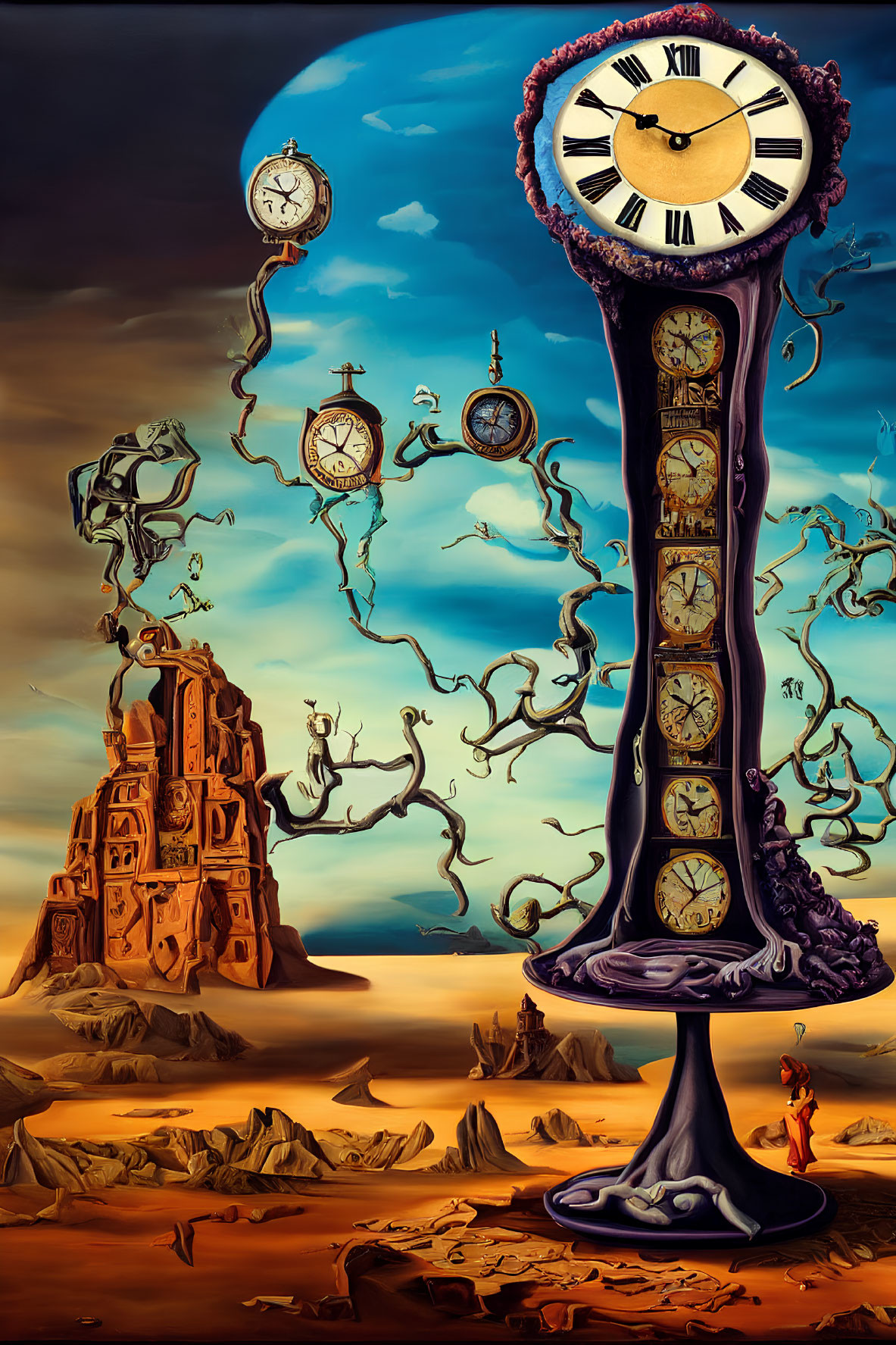 Surreal landscape with melting clocks and twisted branches.