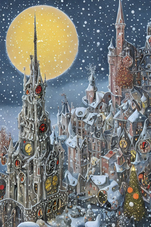 Snowy Gothic Cityscape at Night with Full Moon