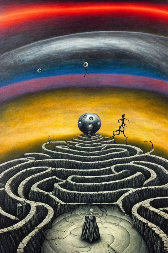 Surreal artwork with labyrinth, cloaked figure, balloon figures, vibrant sky