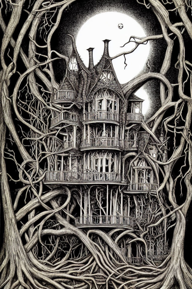 Detailed black and white spooky house illustration under full moon
