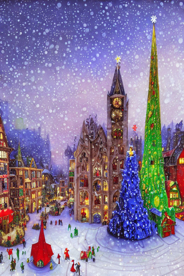 Vibrant town square with Christmas tree, clock tower, ice skaters, and snowfall