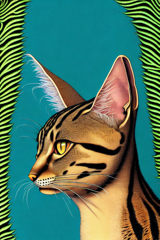 Sleek Cat Illustration with Prominent Whiskers and Striped Fur