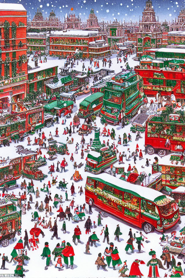 Colorful winter city square scene with people, buses, and holiday decorations