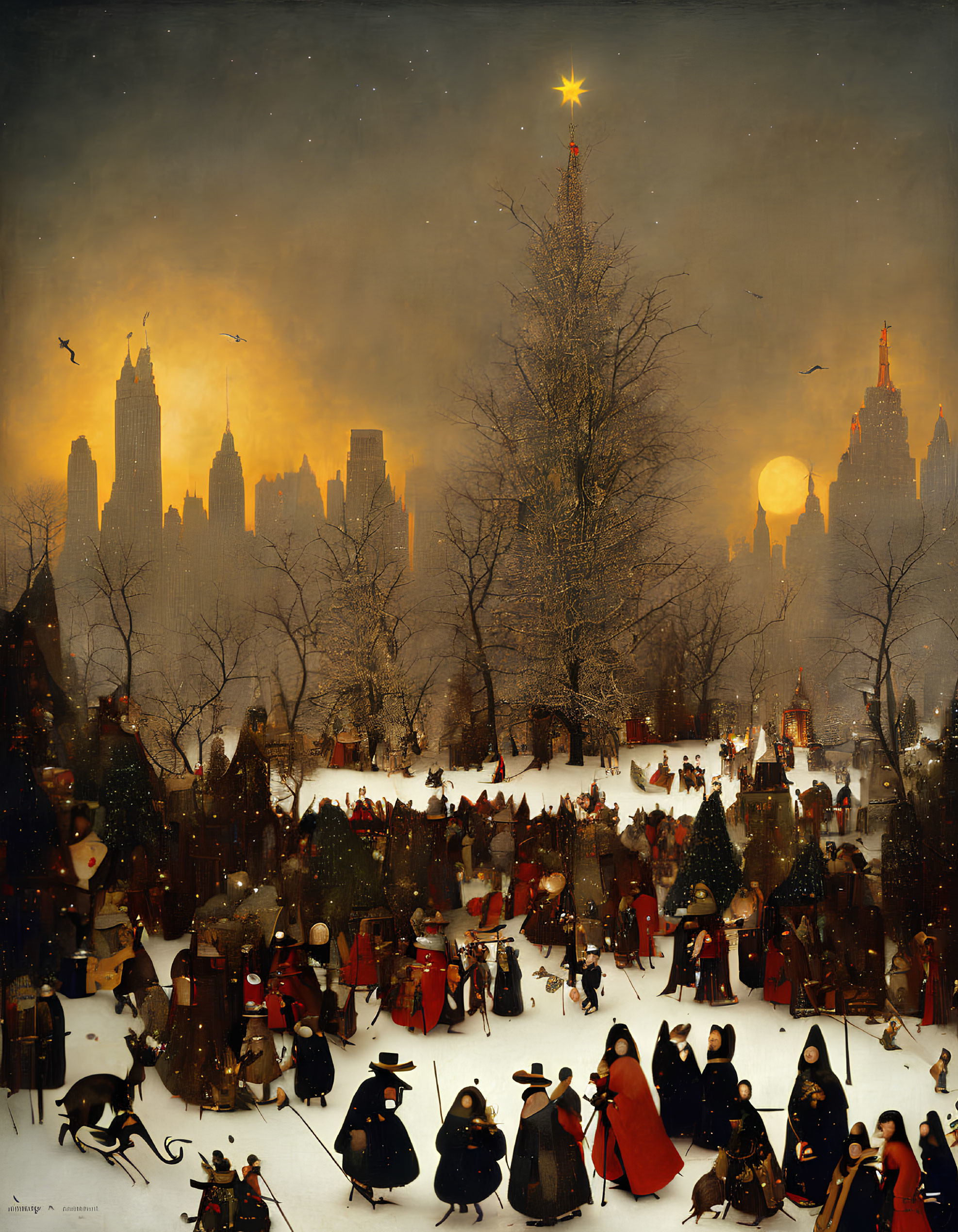 Stylized painting of bustling winter scene with period attire, tree, and tall buildings
