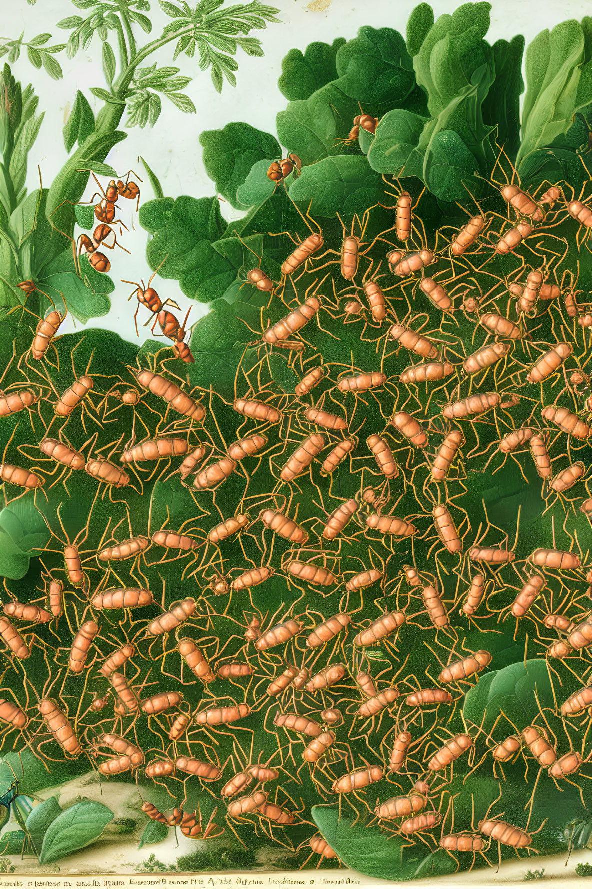 Detailed Illustration of Red Ants on Green Foliage