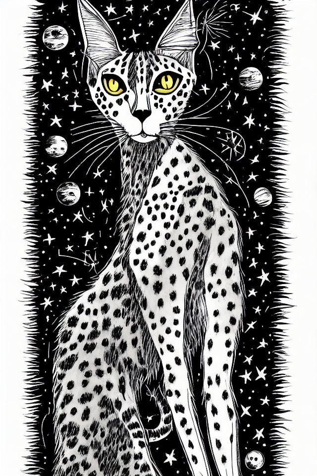 Stylized cat illustration with captivating eyes and starry backdrop.