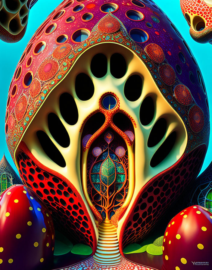 Vibrant digital art: surreal egg-like structure with organic patterns on blue background