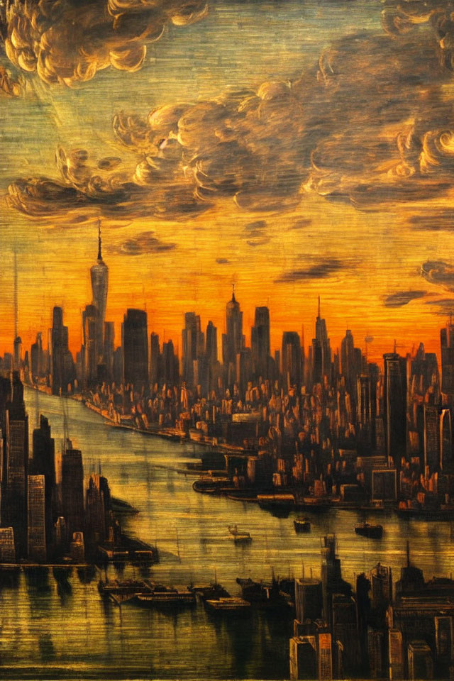 City skyline painting at sunset with dramatic clouds and reflections on water
