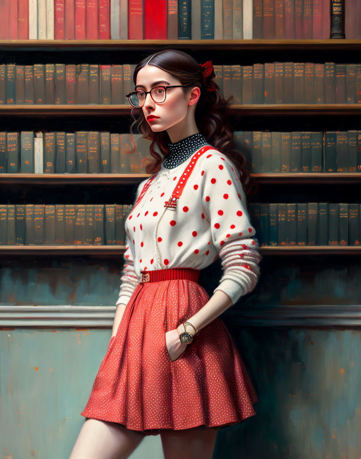 Stylish woman in retro attire with glasses in contemplative pose by bookshelf