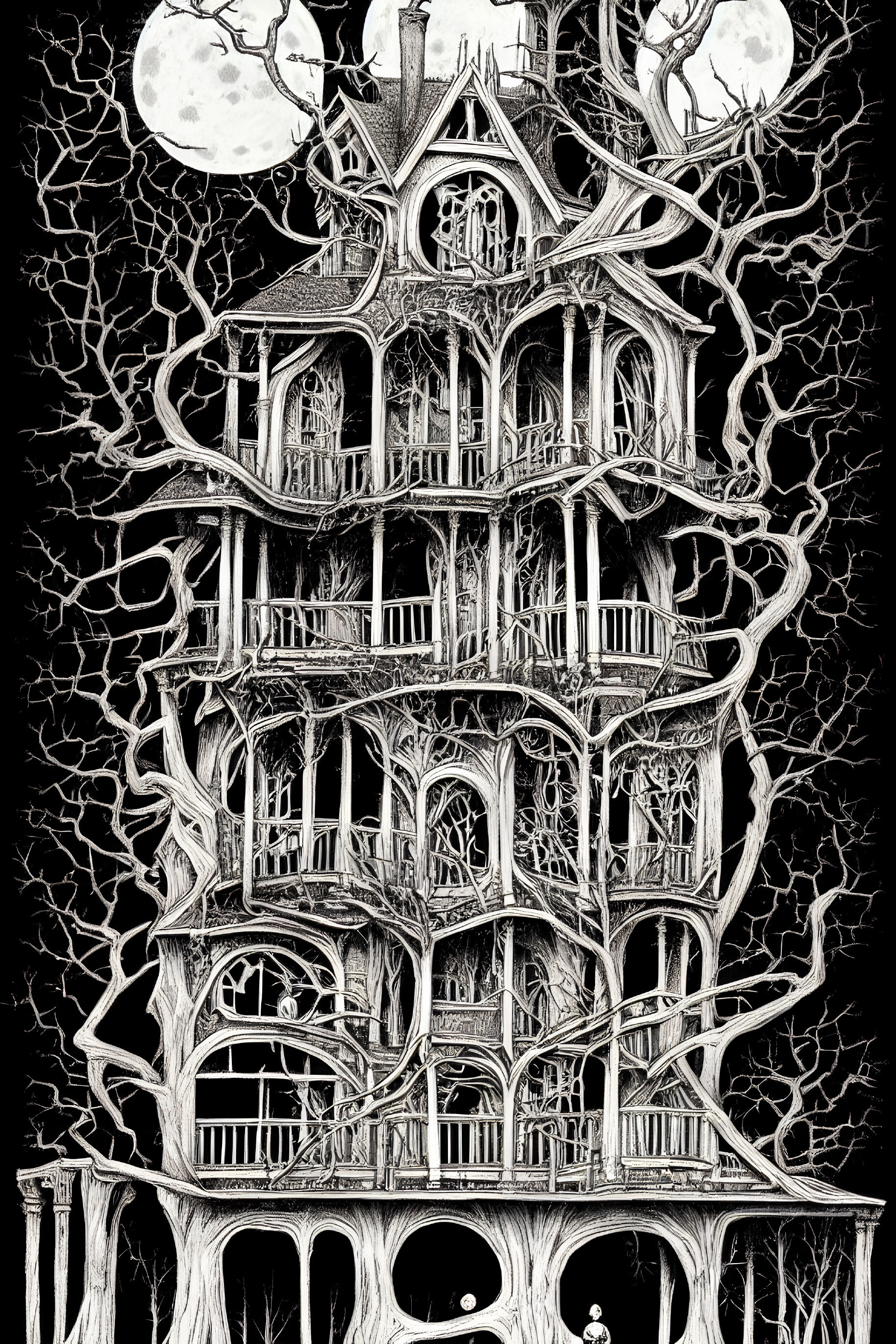 Detailed black and white illustration of intricate treehouse with twisted branches and two full moons.