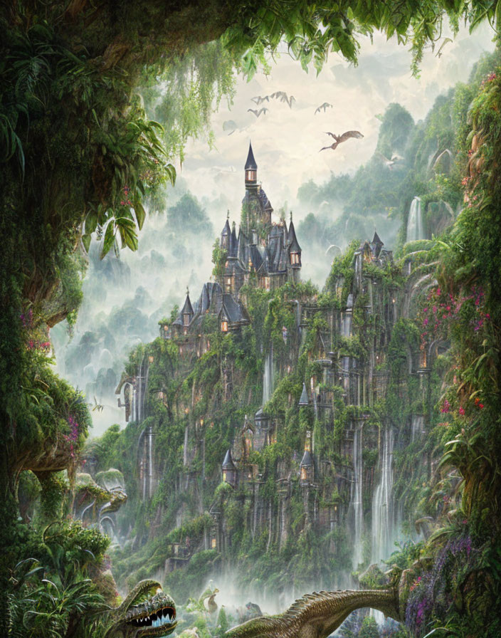 Mystical castle on lush cliff with waterfall, surrounded by greenery and dinosaur.