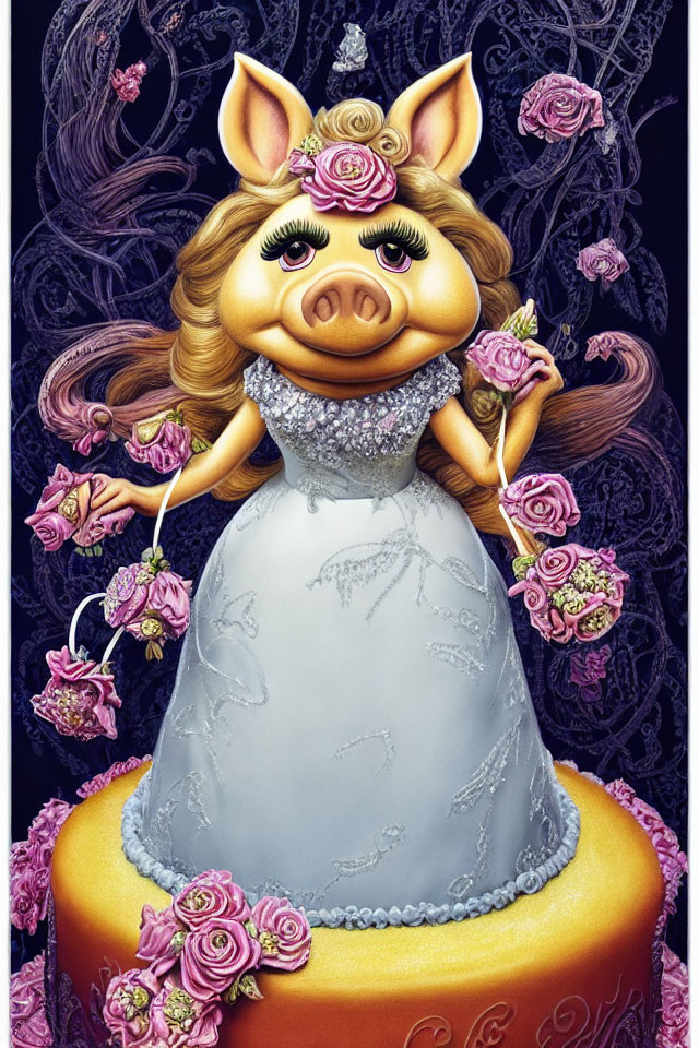 Anthropomorphic pig wedding illustration with pink roses and intricate cake design
