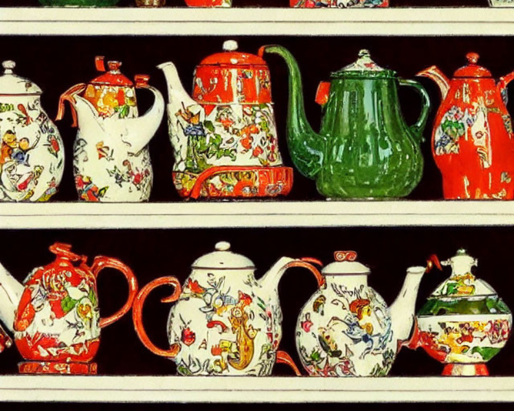 Assorted vintage teapots on black shelves