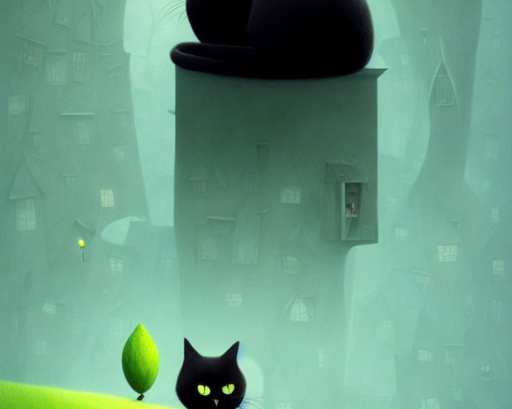 Two black cats with intense yellow eyes in misty green setting