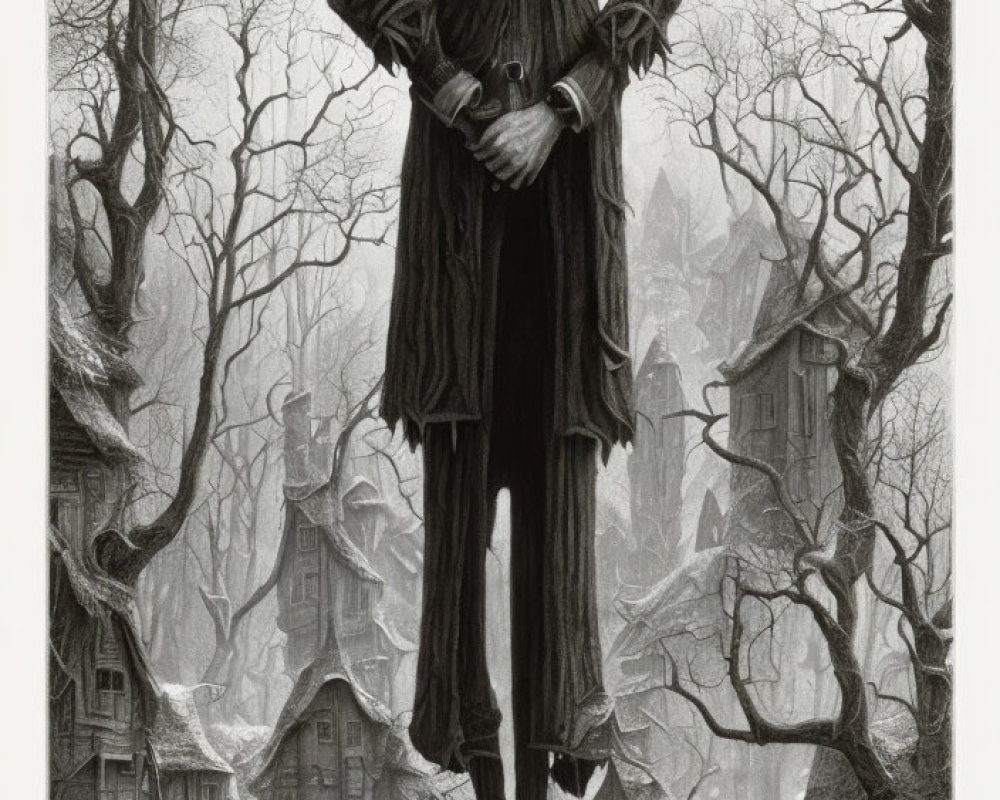 Monochrome illustration: Elongated figure in suit in forest setting