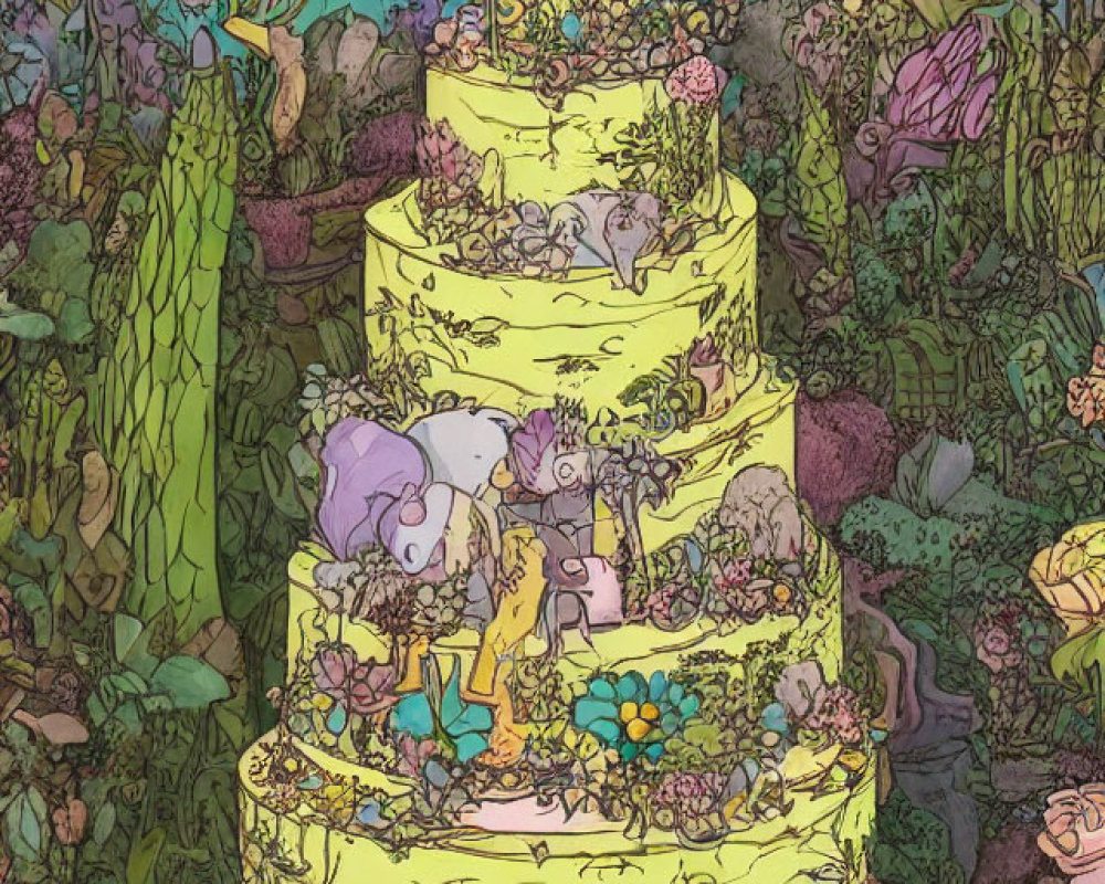 Colorful Multi-Tiered Garden Cake with Animals and Small House
