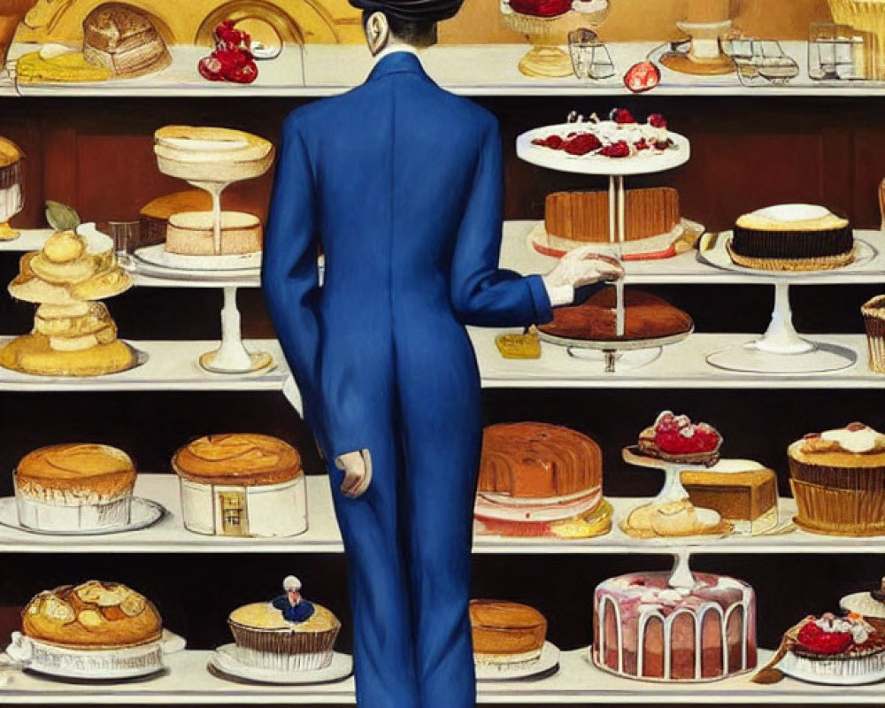 Person in Blue Suit Admiring Display of Pastries and Cakes