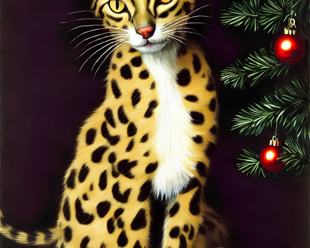Serval cat with distinctive spots near Christmas tree branch